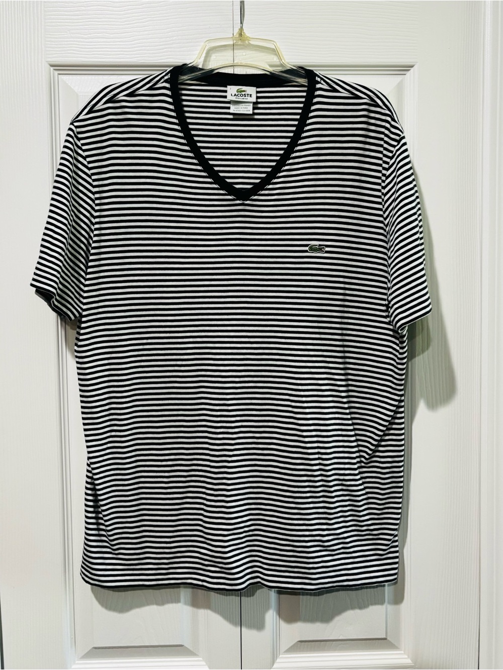 Lacoste Black & White Striped V-Neck Tee with Embroidered Crocodile
